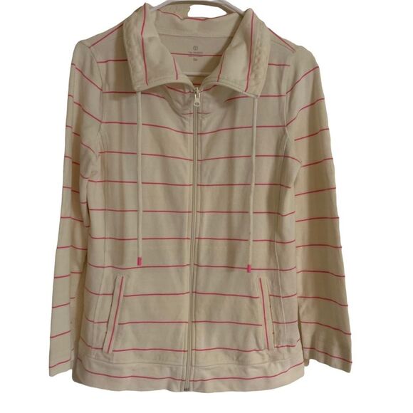 Talbots Ivory & Pink Striped Zip Up Lightweight Jacket - Size Small P - Picture 1 of 8